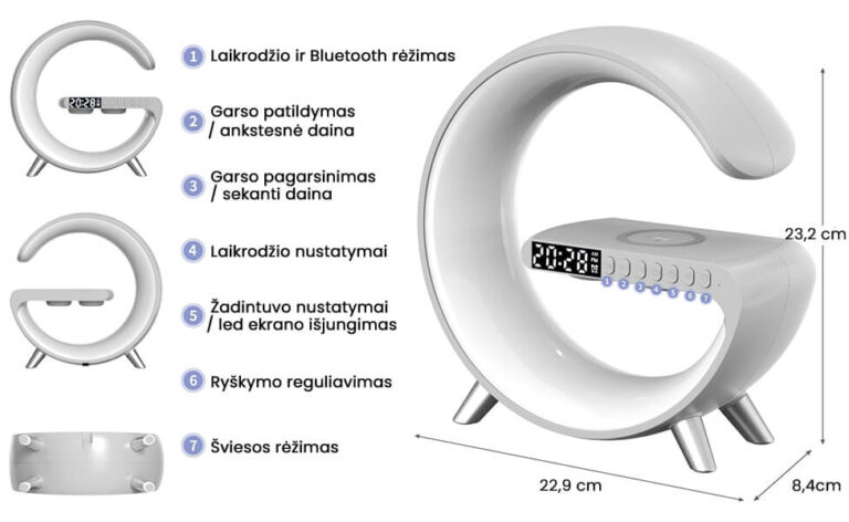 LED-lamppu langattomalla puhelimen laturilla, kaiuttimella ja herätyskellolla Užsisakykite Trendai.lt 8